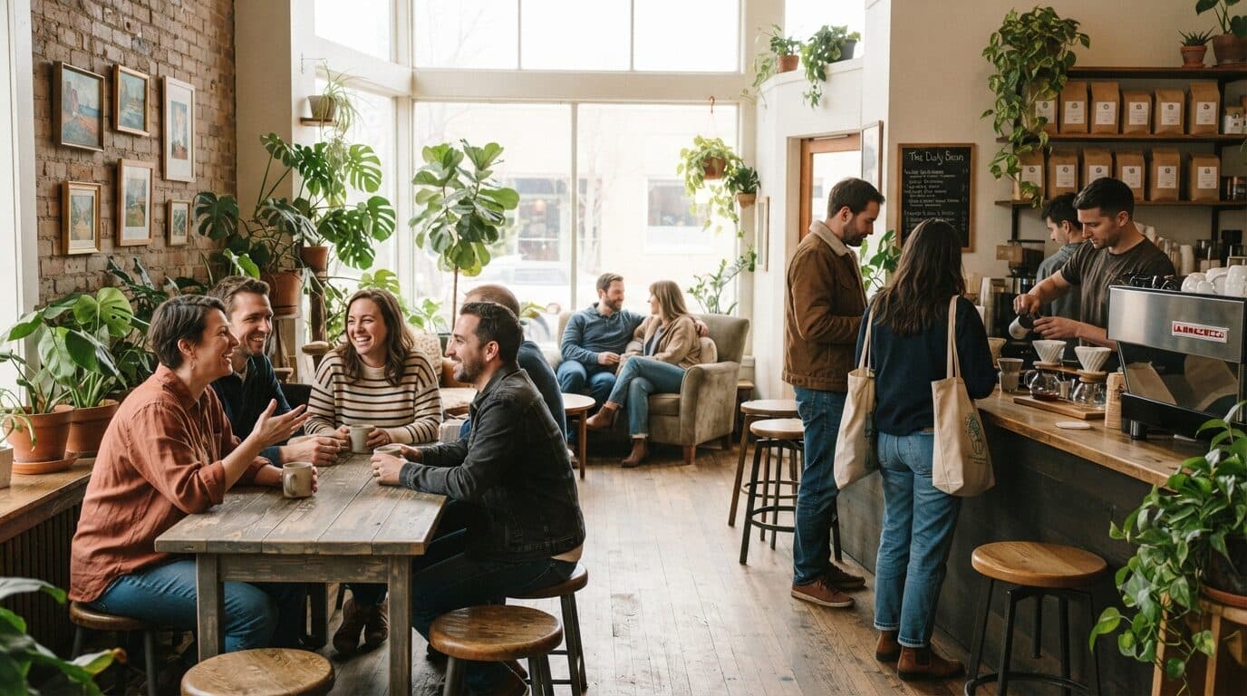 A local coffee shop owner welcoming guests