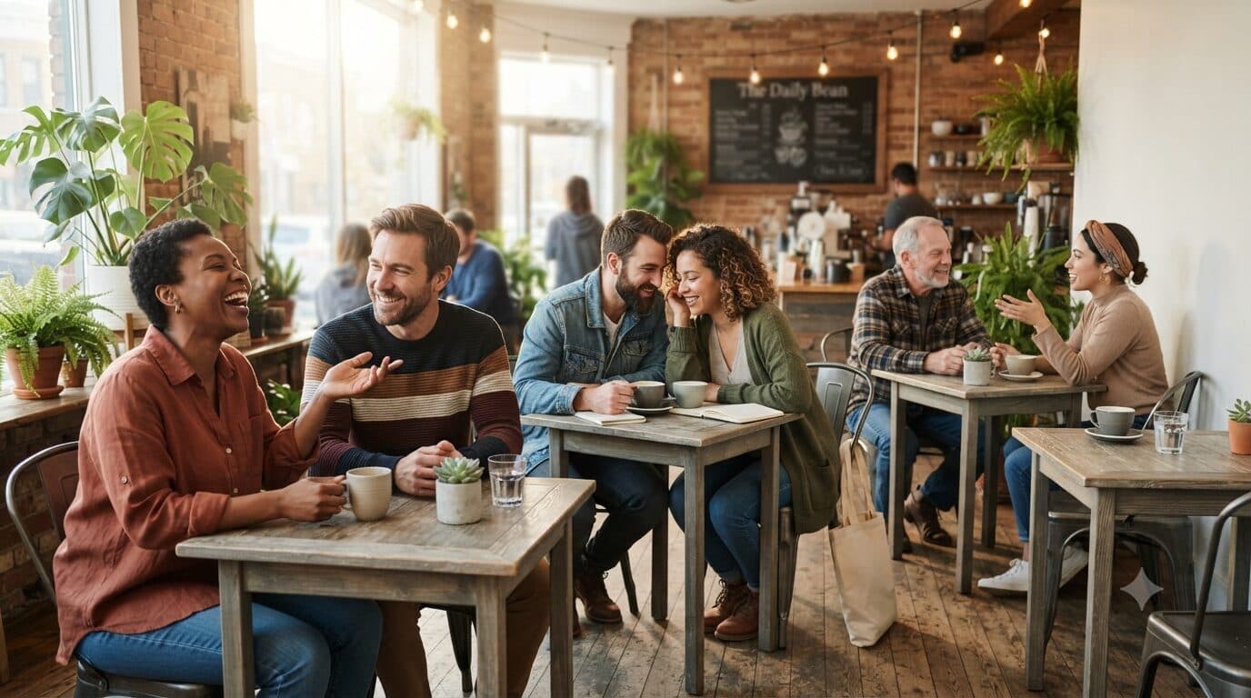Friends gathered together, laughing over coffee
